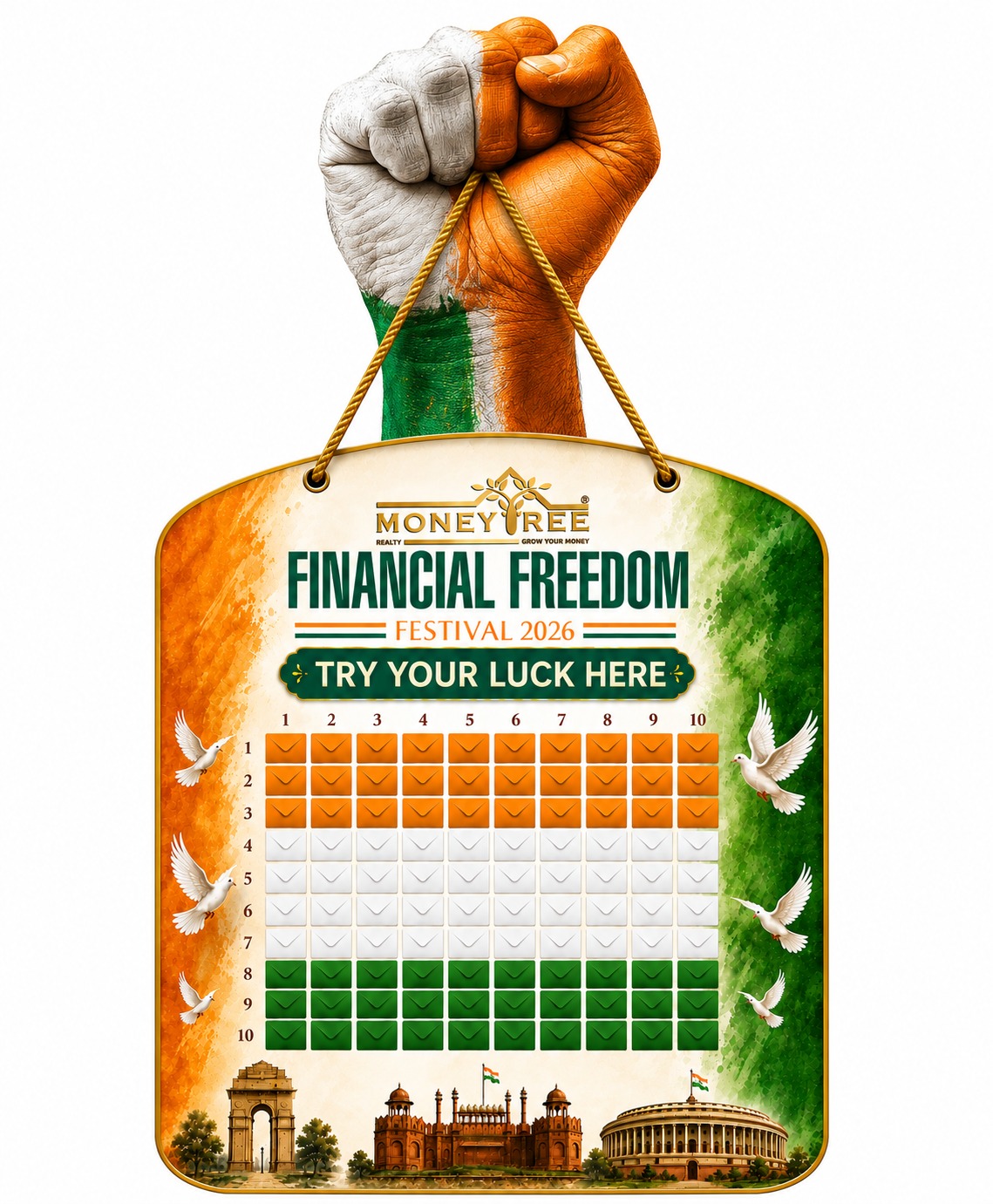 The physical Try Your Luck board of 100 tricolour envelopes, on display at the venue