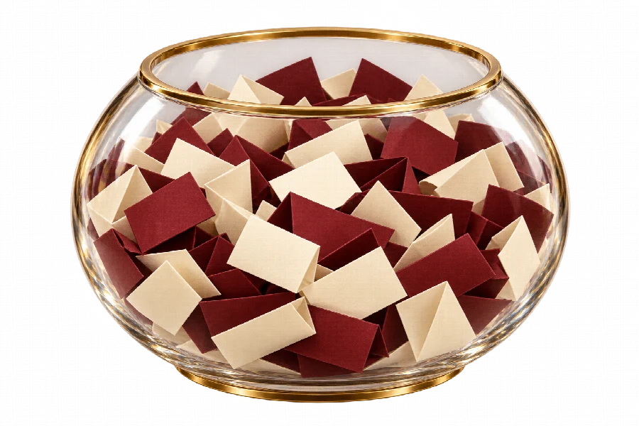Glass Bowl filled with cream and maroon lucky slips