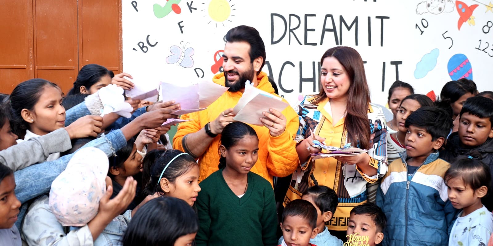 Distributing supplies to children